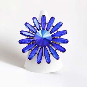 Blue Round Teardrop Stretch Crystal Flower Fashion Ring Finger Adjustable